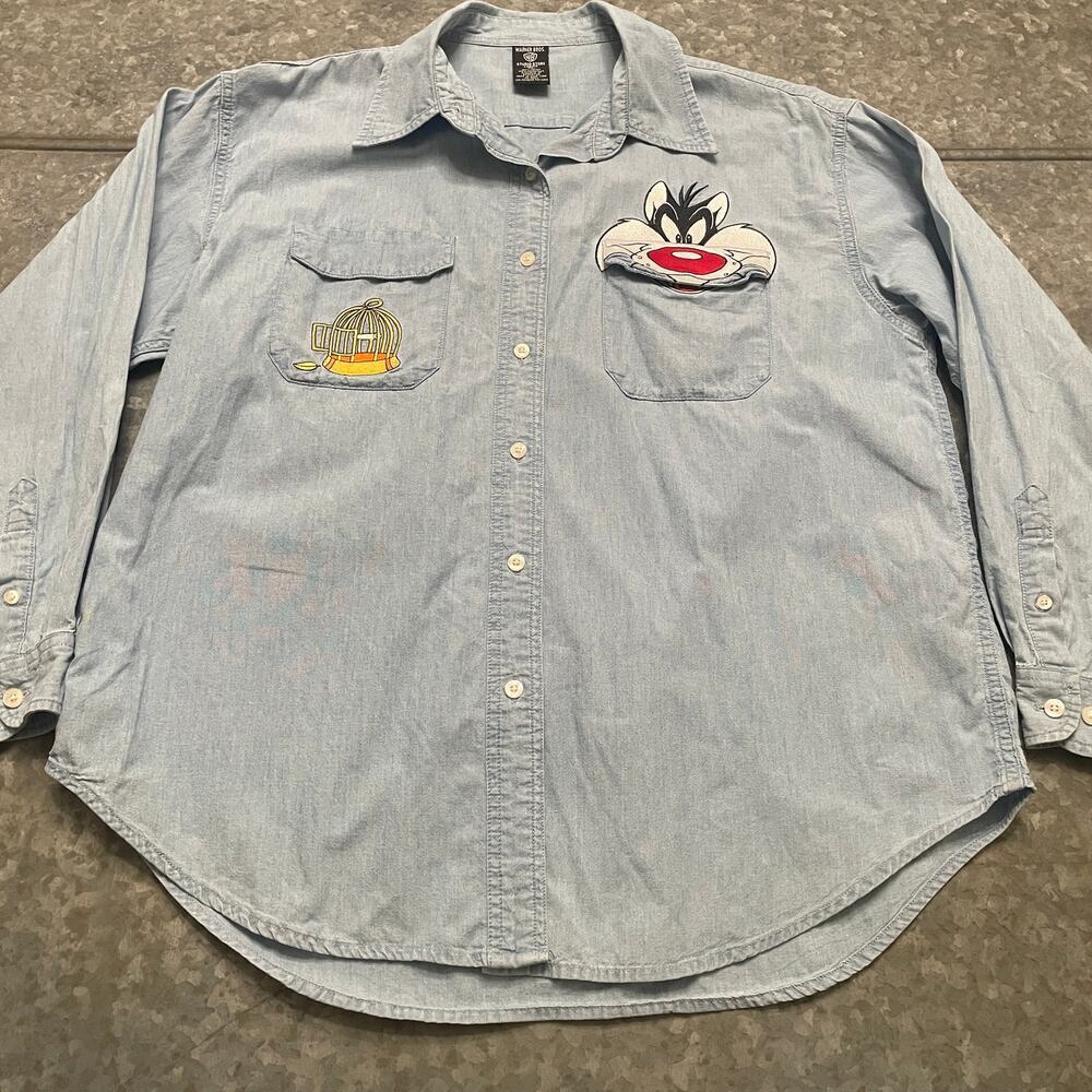 Vintage Sylvester Eating Tweety Bird Denim Button Shirt Womens XL Warner Bros